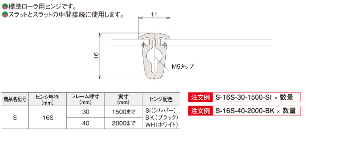 ○標準ローラ用ヒンジです。○スラットとスラットの中間接続に使用します。