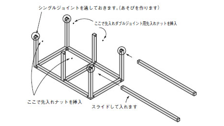 4本の柱の上面にシングルジョイントを組みつけておきます。