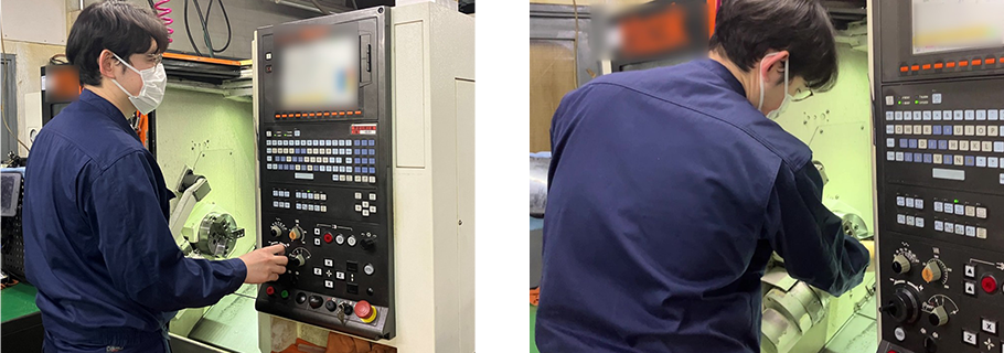 加工機のチャック部分にワークを取り付け、加工が完了したら取り出します。